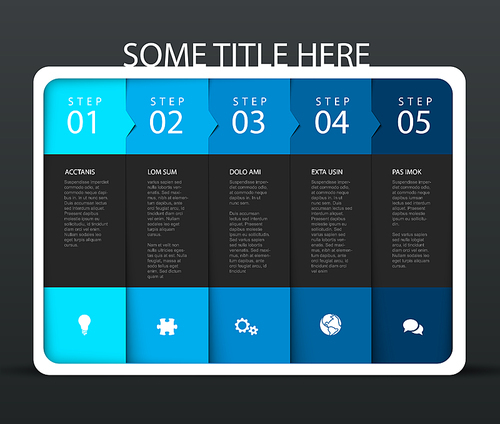 Vector progress block five blue steps template with descriptions and icons in white rounded container on dark background
