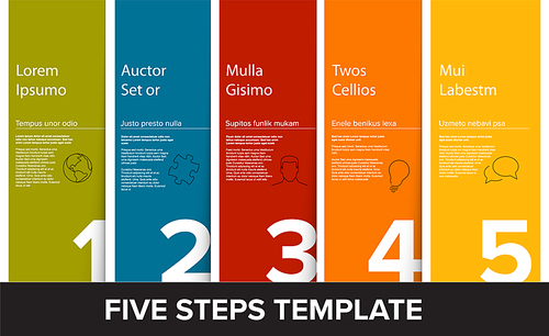 One two three four five vector light progress steps template with descriptions, flat colors and icons