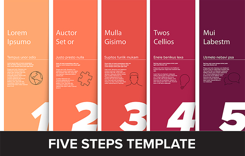 One two three four five vector red  progress steps template with descriptions and icons