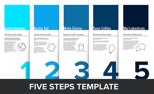 One two three four five vector light progress steps template with descriptions and icons - shade of blue version