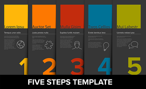 One two three four five vector dark progress steps template with descriptions, flat colors and icons