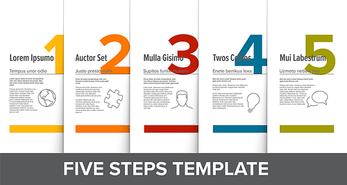 One two three four five vector light progress steps template with descriptions, flat colors and icons