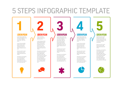 One two three four five - vector light progress steps template with descriptions, icons and thin color line border