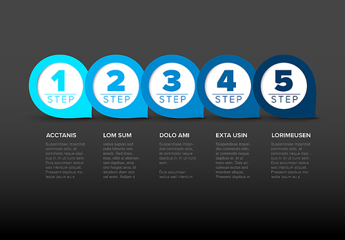 One two three four five - vector progress template with five blue steps and description - dark version