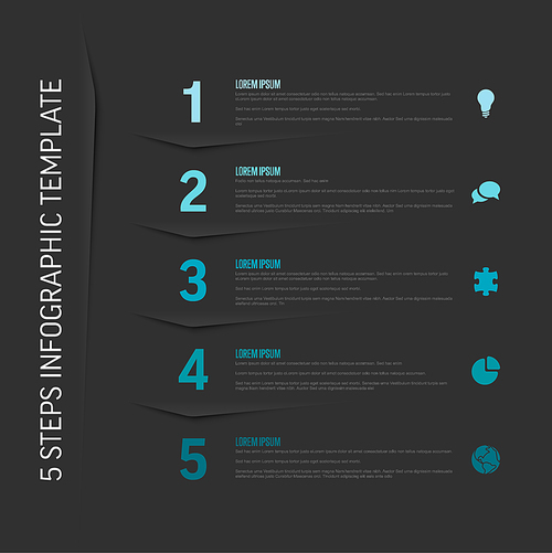 One two three four five - vector dark vertical progress steps template with descriptions and icons