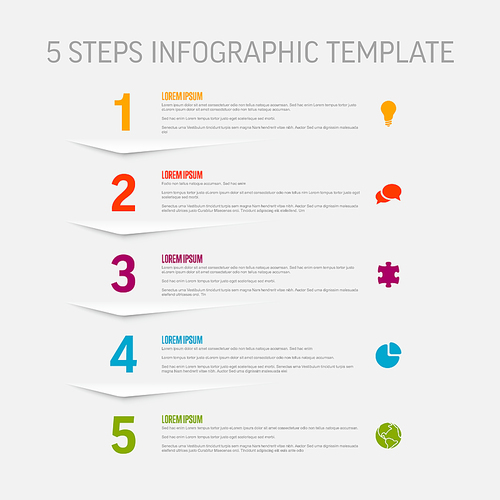 One two three four five - vector light vertical progress steps template with descriptions and icons