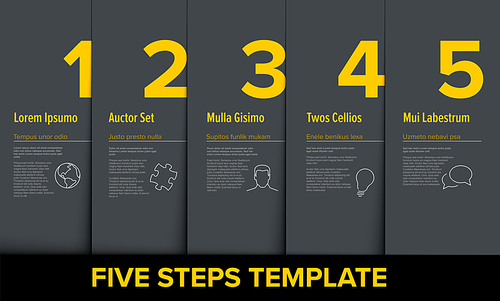 One two three four five vector light yellow progress steps template with descriptions and icons - dark version