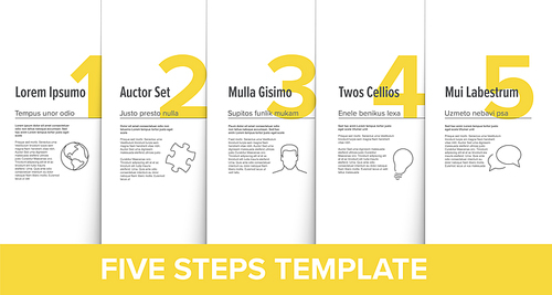 One two three four five vector light yellow progress steps template with descriptions and icons