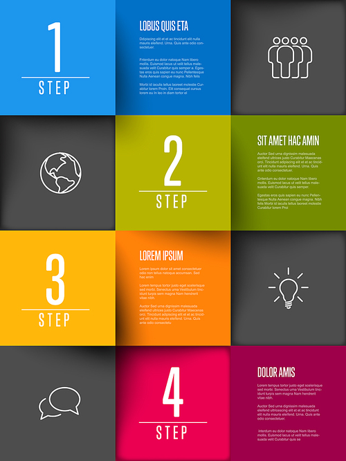 Multipurpose mosaic four steps infographic made from colorful content squares with icons numbers and texts