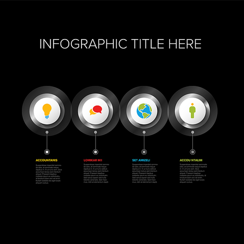 Vector multipurpose Infographic template with four elements options - premium metallic silver  version on a dark background. Four silver infochart template with color icons