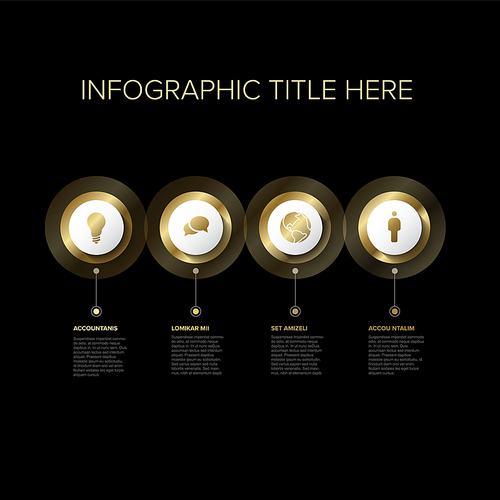 Vector multipurpose Infographic template with four elements options - premium golden version on a dark background. Four golden infochart template with luxury golden icons
