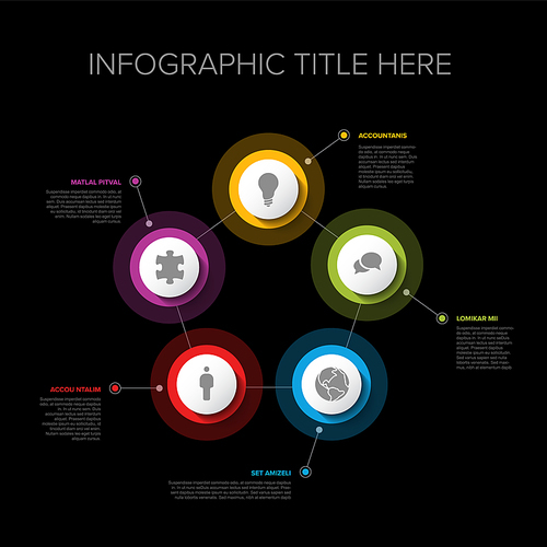 Vector multipurpose Infographic template set with five elements options in pentagon and modern colors on a dark background, each infographic with icon part 2 from 6