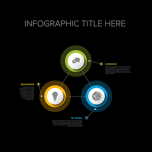 Vector multipurpose Infographic template set with three elements options in triangle and modern colors on a dark background, each infographic with icon part 1 from 6