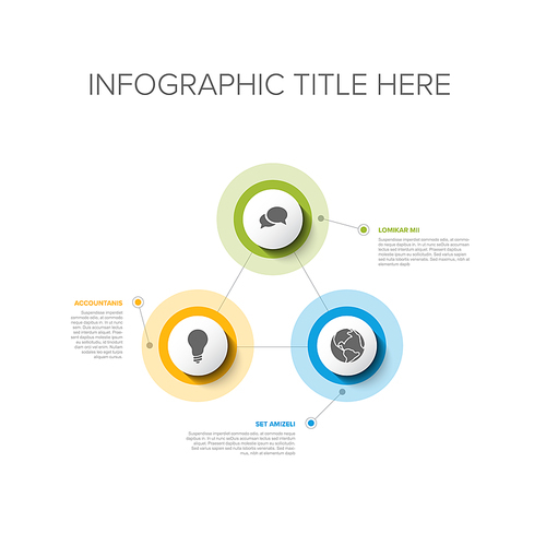 Vector multipurpose Infographic template set with three elements options in triangle and modern colors on a white background, each infographic with icon part 1 from 6
