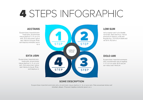 Vector light progress steps template with descriptions, icons and circles with arrows - simple blue quatrefoil infographic