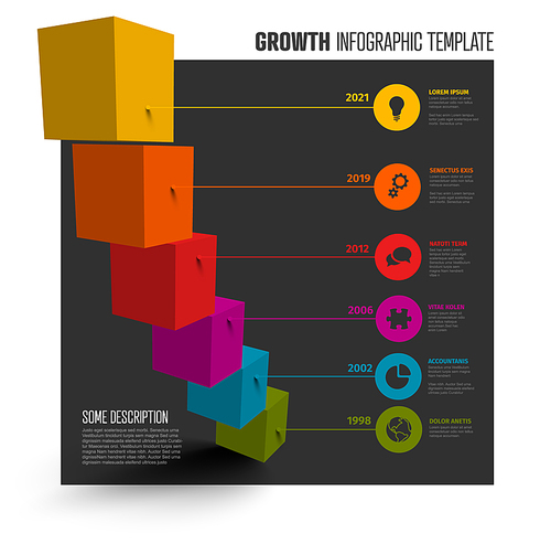 Vector multipurpose Infographic template made from color droplet pointers on square bar levels growth stairs chart out of the box  with icons, descriptions and legend - dark background version