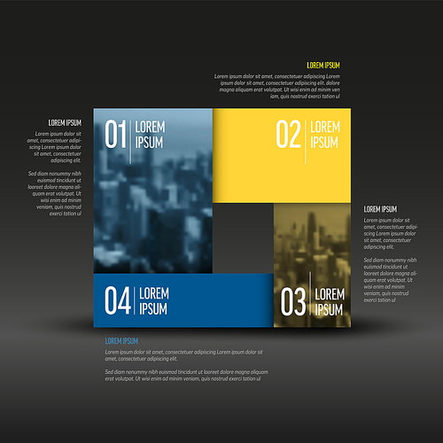Vector dark simple infographic template with rectangle photo placeholders. Business company overview profile with twho photos and two solid color blocks. Multipurpose photo infograph or infochart.