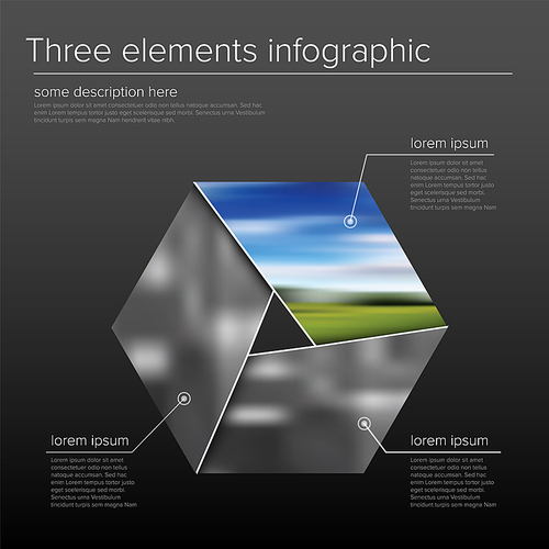 Vector dark simple infographic template with photo placeholders. Business company overview profile with three photos and some descriptions. Multipurpose photo infograph or infochart.