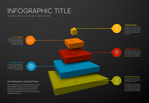 vector infographic square layers template with five levels for material structure - color pyramid template on dark  with droplet pointers icons and description. reverse funnel infographic