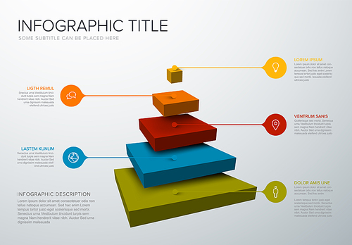 vector infographic square layers template with five levels for material structure - color pyramid template on light  with droplet pointers icons and description. reverse funnel infographic