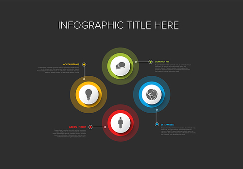 Vector multipurpose Infographic template with four elements options and modern colors on a dark background, each infographic with icon part 6 from 6 dark version