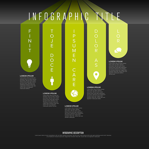 Vector multipurpose Infographic template made from five green curved vertical stripes content blocks with icons and description - dark background version
