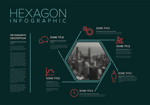 Vector Infographic template made from thin lines hexagon photo placeholder and dark teal background. Infograph layout template with yellow accent. Infochart with simple hexagon shape with photo