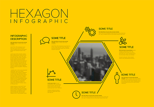 Vector Infographic template made from thin lines hexagon photo placeholder and yellow background. Infograph layout template with yellow accent. Infochart with simple hexagon shape with photo