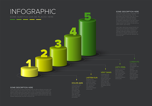 Vector dark multipurpose Infographic template made from green diagonal cylinder steps growing levels stairs chart with numbers descriptions and legend - dark  background version with 5 steps elements