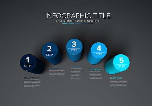 Vector multipurpose Infographic template made from five color cylinder steps chart with numbers descriptions and legend - dark background version with 5 blue steps elements