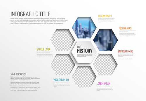 Vector Infographic template made from hexagon photo placeholders with text content - light version with simple color line. Infographic infochart with pictures in hexagon windows.