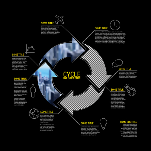 Vector Simple cycle infographic template with photo placeholders. Business company overview profile with four photos in arrows circle and some descriptions dark version.