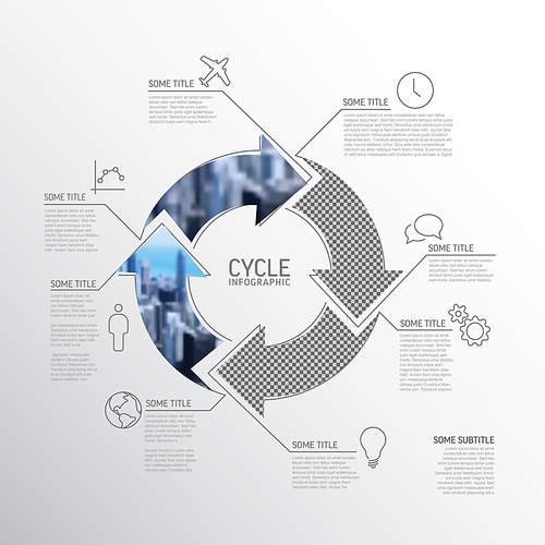 Vector Simple cycle infographic template with photo placeholders. Business company overview profile with four photos in arrows circle and some descriptions.