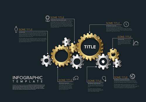 Vector Infographic report template made from lines and icons with golden and silver metallic gear wheels - dark version