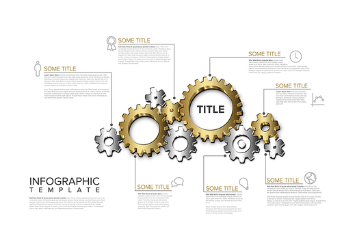 Vector Infographic report template made from lines and icons with golden and silver metallic gear wheels