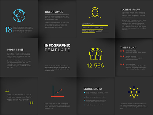 Multipurpose mosaic infographic template made from dark content squares with icons numbers and texts. Mosaic infochart with various information data content for visualization