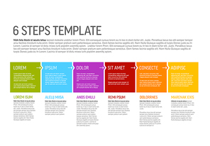 Six vector square flat progress steps template with arrows and descriptions. Simple minimalistic progress procedure schema template with six steps elements