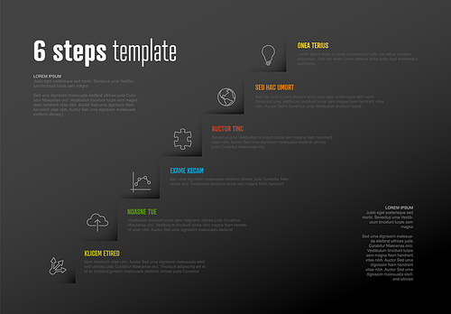 Vector Infographic steps diagram template for workflow, business schema or procedure diagram - dark version with icons. Progress steps with titles descriptions and icons