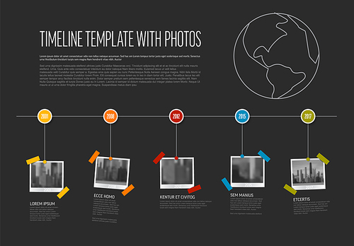 Vector Infographic Company Milestones Timeline Template with photo placeholders as snapshots on a line with dark background. Simple horizontal timeline with photo pictures placeholders.