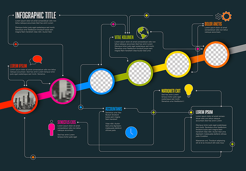 Vector Infographic timeline template made from circle photo placeholders with text content - dark version with simple color line. Time line infochart with pictures in circle windows.