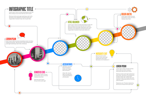 Vector Infographic timeline template made from circle photo placeholders with text content - light version with simple color line. Time line infochart with pictures in circle windows.