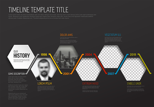 Vector Dark Infographic timeline template made from hexagon photo placeholders with text content - dark version with simple color line. Time line infochart with pictures in hexagon windows.