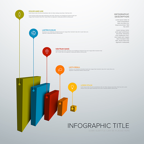 vector infographic vertical layers template with five levels for material structure - color side pyramid template on light  with droplet pointers icons and description.