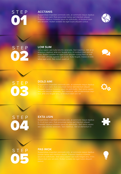 Five vector progress block steps template with descriptions, big numbers and icons and bigh photo placeholder in the background. Five steps vertical sequence with tasks descriptions