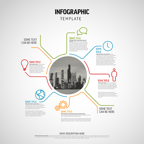 Vector Infographic diagram template made from lines and icons - big circle infochart with smaller elements and circle photo placeholder in the midle