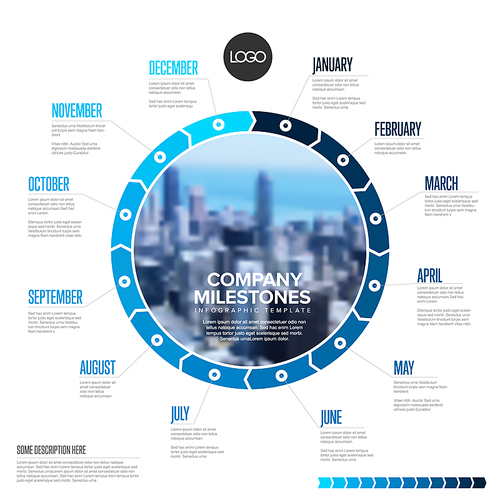 Full year timeline template with all months on circle blue blocks. All months of the year on one infographic time line layout with photo in the middle