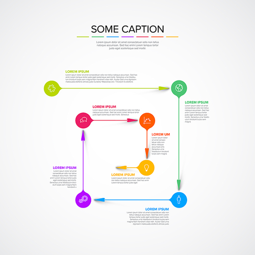 Vector helix spiral cycle infographic schema diagram template made from circle arrow pointers with icons and some description texts. Infographic template with light background