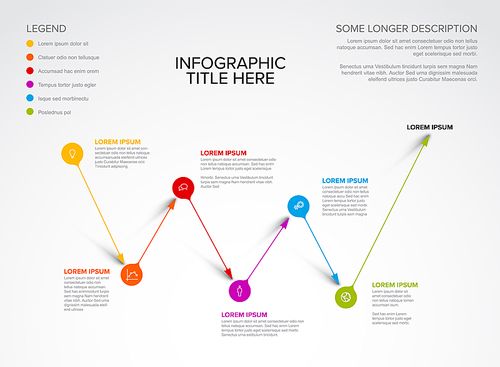 Vector multipurpose Infographic template made from pointer pins on abstract path with icons, descriptions and legend. Point to point path with arrow pin pointers and text elements