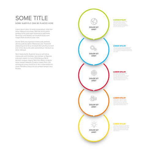 Vector vertical process progress template diagram schema with five steps icons and descriptions. White circles on light background with color border frames and minimalistic arrow