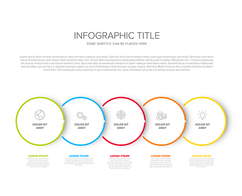 Vector process progress template diagram schema with five steps icons and descriptions. White circles on light background with color border frames and minimalistic arrow